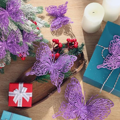 Purple Butterfly Christmas Tree Ornaments Set - 24 Glitter Holiday Decor