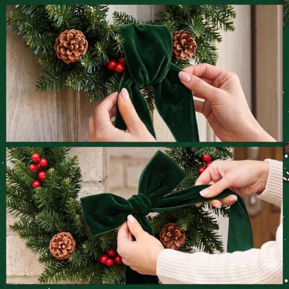 Green Velvet Christmas Wreath Sash Set - 4 Pcs Holiday Decor