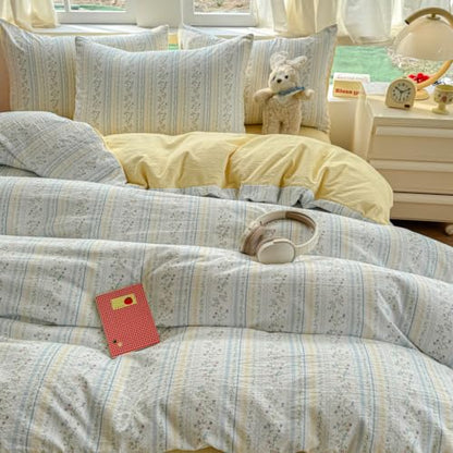 Queen Floral Comforter Set Blue Striped Floral Reversible Bedding