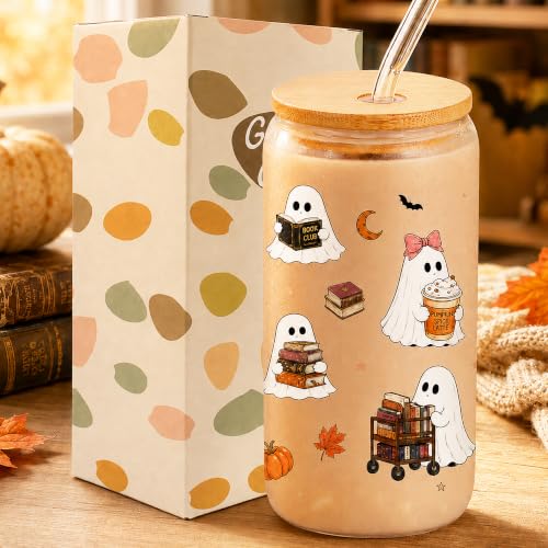 Halloween Ghost Glass Cup with Lid & Straw - 16oz Bookish Boo Basket Gift