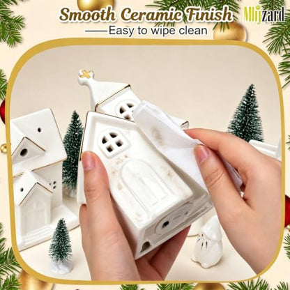 Ceramic Christmas Village Set with Lights and Figurines - Indoor Holiday Decor