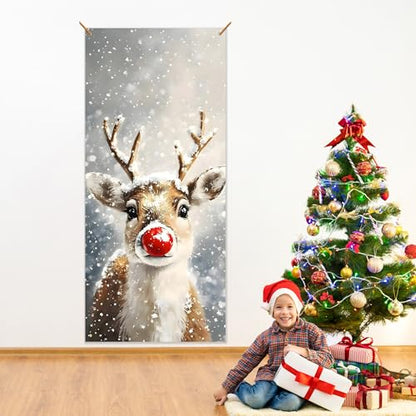 Christmas Door Cover Decoration Red Reindeer Holiday Front Door Banner 35x79 Inch