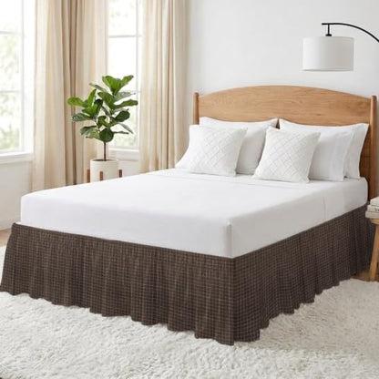 Queen Size Adjustable Buffalo Plaid Bed Skirt 16 Inch Drop - Cocoa