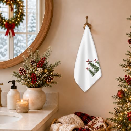 EGBTL Coquette Bow Christmas Tree Kitchen Towels - Three Tree Variation, Red Ribbon Xmas Hand Towels, 16x24 Inches
