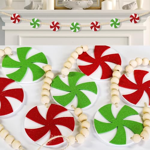6Ft Candy Christmas Garland - Felt Red & Green Holiday Decor with Peppermint & Wooden Beads - Indoor Mantel & Tree Decoration - Variation: Red Green