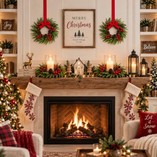 4 Pcs Mini Christmas Wreath 15 Inch with Red Ribbon - Farmhouse Holiday Decor