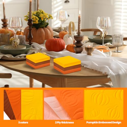 Fall Embossed Pumpkin Paper Napkins for Thanksgiving Harvest Tableware - 120 Pack, Orange, Yellow, Brown
