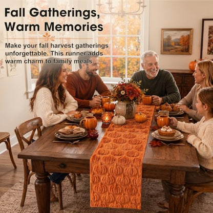 Caramel Fall Table Runner with 3D Pumpkins - 13 x 72 Inches - Thanksgiving Decor