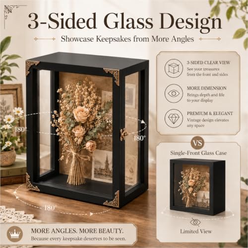 Rustic Black Deep Shadow Box Display Case - 11x15 Inch 3-Sided Glass