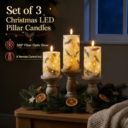 Fiber Optic LED Candle Lights with Remote Control for Christmas Decor - Set of 3