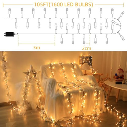 Warm White 1600 LEDs Christmas String Lights with Remote 105ft Waterproof Modes