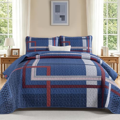 WONGS BEDDING Navy Blue Quilt Set Queen Size 3 Pieces Boho Stripe Bedspread