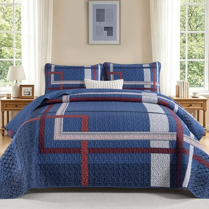WONGS BEDDING Navy Blue Quilt Set Queen Size 3 Pieces Boho Stripe Bedspread