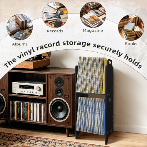 Black Vinyl Record Storage Organizer Rack, 2 Pack Stackable LP Shelf for Albums & More