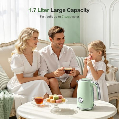 Electric Kettle 1.7L Retro Green Fast Boil with Thermometer & Water Level Window