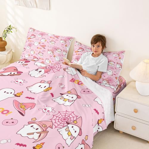 Happy Halloween Queen Bed Sheets Set Pink White 03 - Soft & Breathable Bedding