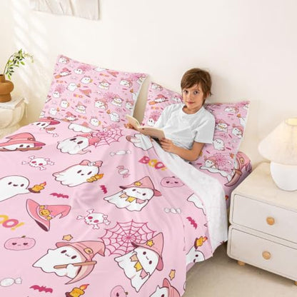 Happy Halloween Queen Bed Sheets Set Pink White 03 - Soft & Breathable Bedding