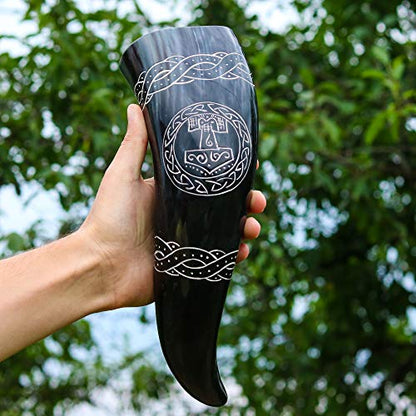 VikingsBrand Handcrafted Viking Drinking Horn with Thor Hammer - 12 Inches, Food Safe Medieval Norse Mug