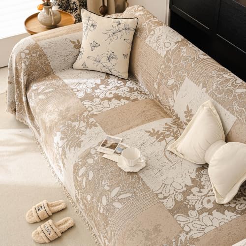 HANDONTIME Vintage Botanical Sofa Cover French Country Floral Couch Cover F:oatmeal 71" x 150"