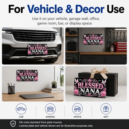 Blessed Nana Aluminum License Plate Pink Rose Cross Dove Decor - 6x12 Inches