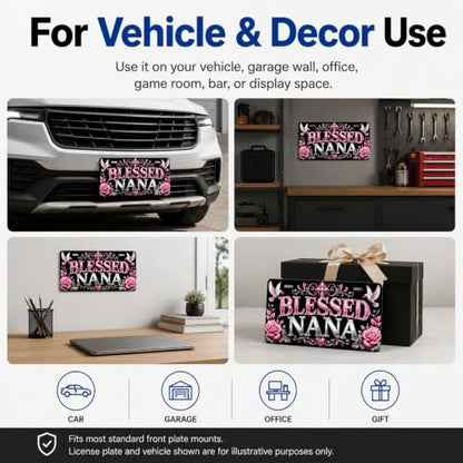 Blessed Nana Aluminum License Plate Pink Rose Cross Dove Decor - 6x12 Inches