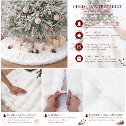 24 Inch White Christmas Tree Skirt Faux Fur Mini Snowflake Pattern - Cream White