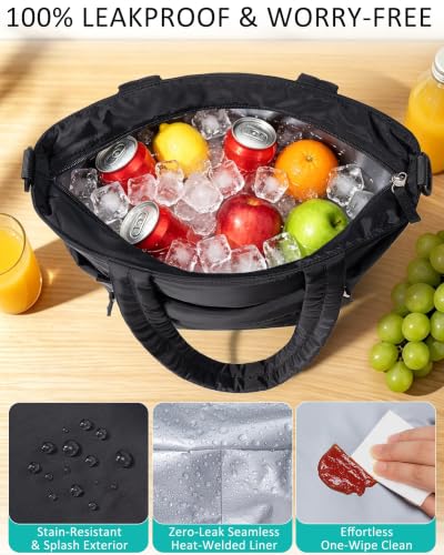 Puffy Insulated Lunch Tote Bag for Women with Multiple Pockets - Black