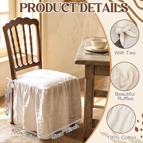 4 Pcs Ruffle Chair Cushion Covers 17.5x17.5 Inches Cotton Linen Natural - Farmhouse Style
