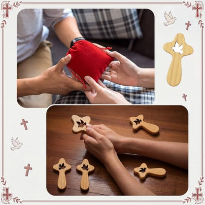 Holy Spirit Dove Pocket Cross Set with Red Velvet Pouches - Christian Prayer Accessory