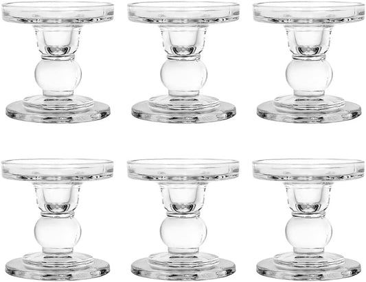 Skiennix Glass Candlestick Set - Elegant Crystal Candle Holders for Weddings & Home Decor | Clear, 6 Pieces