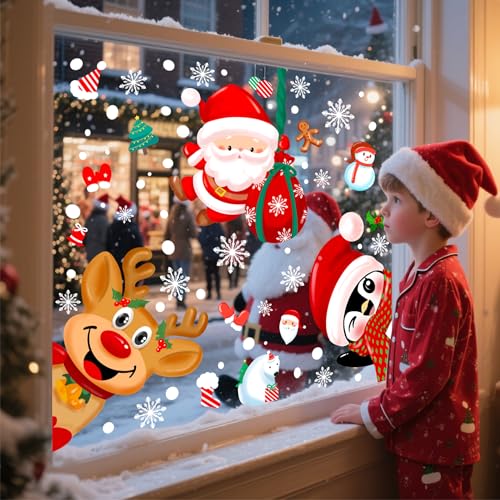 Christmas Window Clings Double-Sided Decor - Santa Snowman Reindeer Penguins & Snowflakes - 6 Sheets for Indoor Outdoor Holiday Scene - Christmas Day