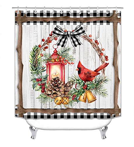 OLEBETY 4PCS Red Cardinal Shower Curtain Set with Rugs, Waterproof Fabric, 72x72 Inches, Holiday Bird & Wreath Design