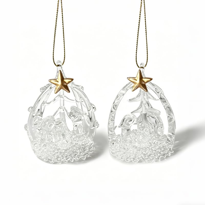 Glass Nativity Christmas Tree Ornaments Set of 2 with Gold Star - Holiday Decor