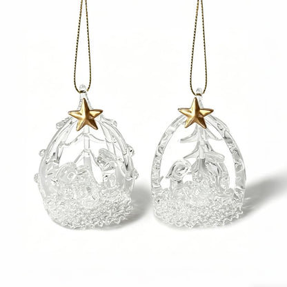 Glass Nativity Christmas Tree Ornaments Set of 2 with Gold Star - Holiday Decor