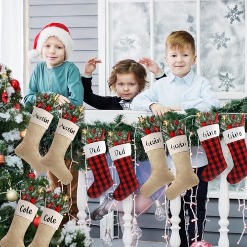Christmas Burlap Stockings Hanging Set - Light Brown, Red & Black, 12 Pack
