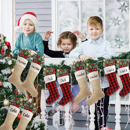 Christmas Burlap Stockings Hanging Set - Light Brown, Red & Black, 12 Pack