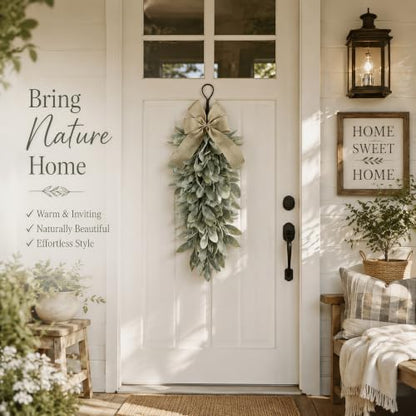 All-Season Farmhouse Flocked Lambs Ear Teardrop Swag with Burlap Bow, Rustic Door Decor