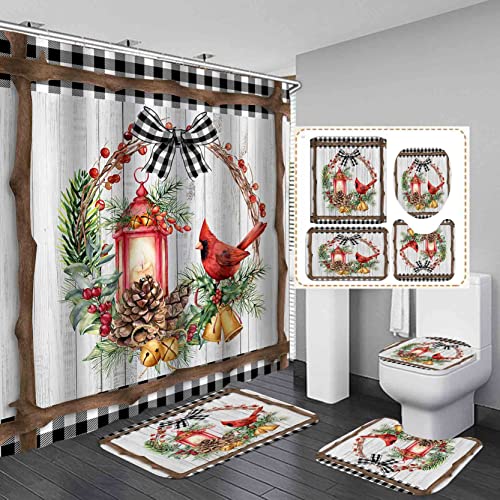 OLEBETY 4PCS Red Cardinal Shower Curtain Set with Rugs, Waterproof Fabric, 72x72 Inches, Holiday Bird & Wreath Design
