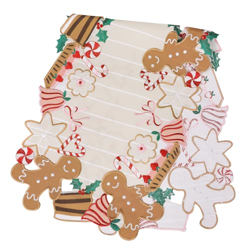 Gingerbread Christmas Table Runner 13x36 Inches Candy Cane Embroidered Decor