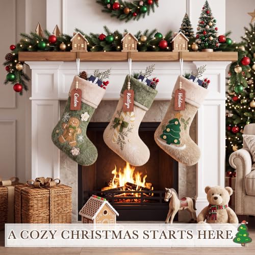 3 Pack Rustic Personalized Christmas Stockings with Name Tags - Classic Design