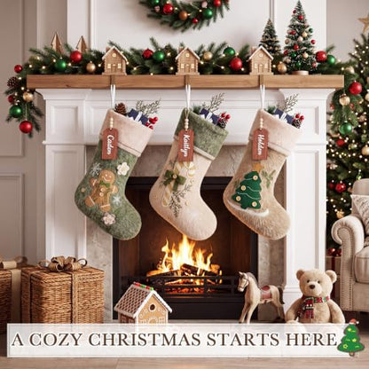 3 Pack Rustic Personalized Christmas Stockings with Name Tags - Classic Design