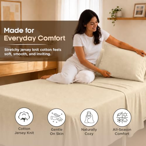 Queen Size Heathered Jersey Knit Cotton Sheet Set - Oatmeal | 4 Pieces