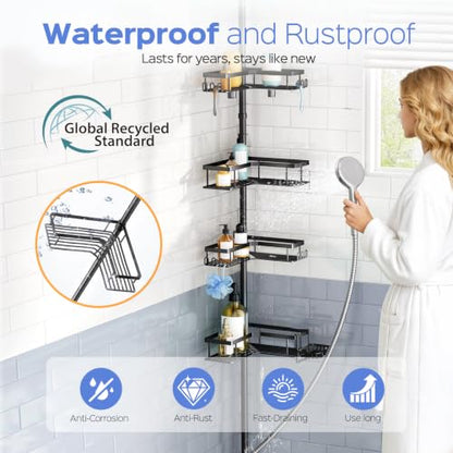 HAMITOR Shower Caddy Tension Pole 4-Tier Corner Storage Bathroom Organizer - Black