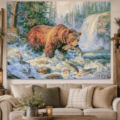 Farmhouse Wall Tapestry - Brown Bear Catching Salmon in River, 36x48in - Rustic Cabin Decor