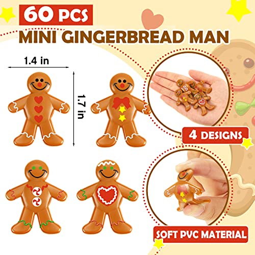 Christmas Gingerbread Man Ornaments Bulk PVC Mini Figurines - 60 Pieces, 4 Styles