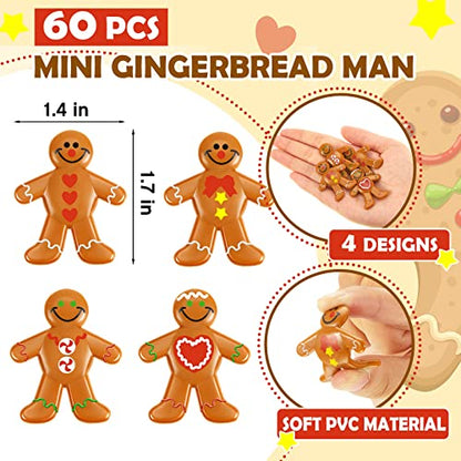 Christmas Gingerbread Man Ornaments Bulk PVC Mini Figurines - 60 Pieces, 4 Styles