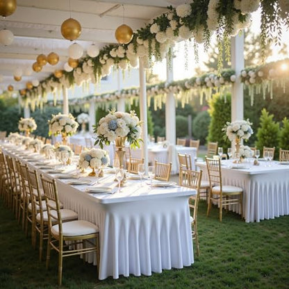 White Spandex Table Cover 8ft Rectangle with Ruffle Skirt 2 Pack - Wrinkle Free Stretch Fitted Tablecloths for Parties Weddings Banquets