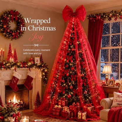 Giant Red Christmas Tree Bow Topper - 9.8Ft Matte Gauze Holiday Decor