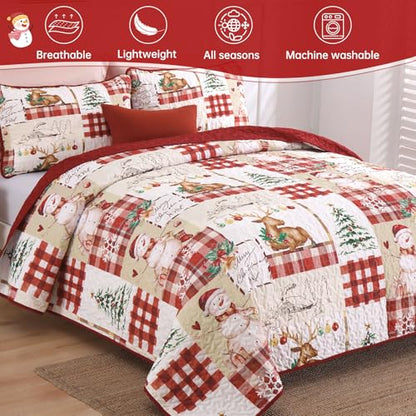 Christmas Quilt Set Queen Size 3-Piece Bedspread Bedding with Reindeer Snowman Pattern - Red & Green