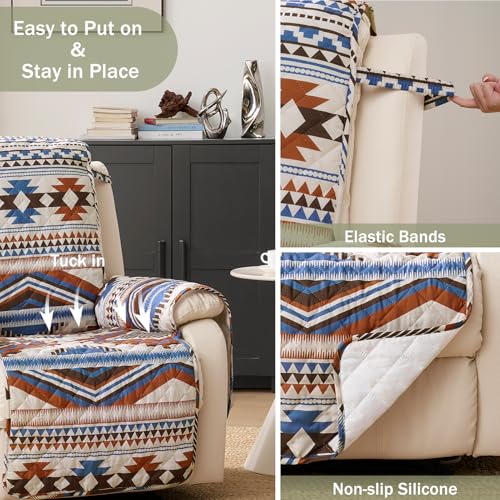 Large Boho Quilted Couch Cover with Aztec Pattern, Water-Repellent & Anti-Slip, 68-Inch Sofa Protector - Bohemia Style